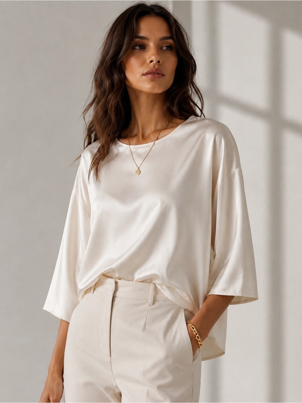 Vince Satin Dolman Blouse in Ivory Size M